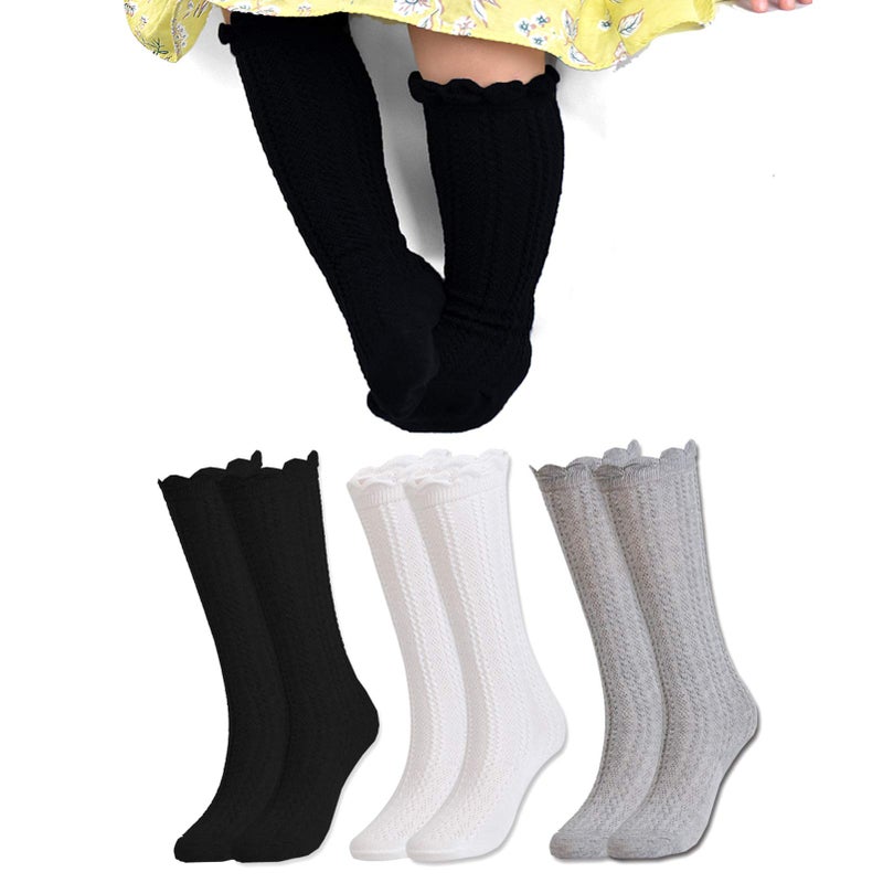 EPEIUS 3 Pairs Baby Girls Uniform Knee High Socks Infant Boys Cotton Tube Ruffled Stockings for 3-12 Months,Black/White/Grey - Image 1
